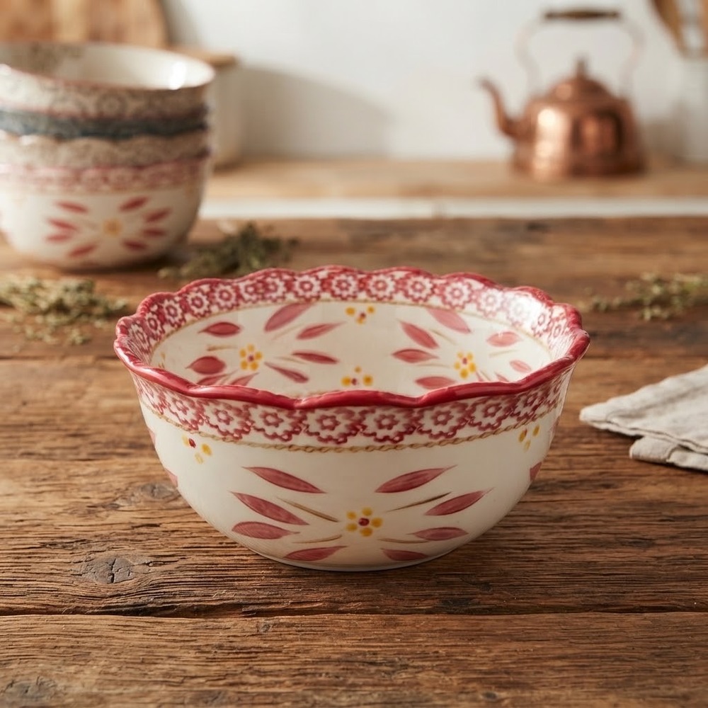 Temp-tations Tara Old World Cranberry 1.5 QT Serving Bowl Ceramic Scalloped